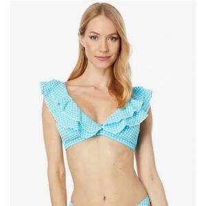 Lilly Pulitzer Aelin Bikini Swim Top Crinkle Turquoise Blue Oasis Gingham Size 8